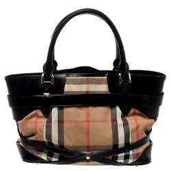 Pre Owned Burberry Black House Check Canvas and Leather Medium Bridle Lynher Tote