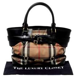 Pre Owned Burberry Black House Check Canvas and Leather Medium Bridle Lynher Tote
