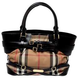 Pre Owned Burberry Black House Check Canvas and Leather Medium Bridle Lynher Tote