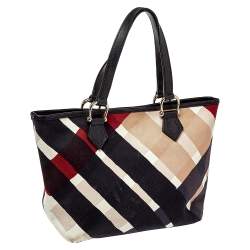 Pre Owned Burberry Multicolor Check Canvas and Leather Snap Tote