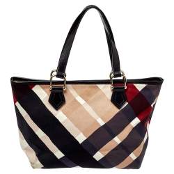 Pre Owned Burberry Multicolor Check Canvas and Leather Snap Tote
