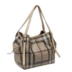Pre Owned Burberry Beige Smoke Check Coated Canvas and Leather Small Canterbury Tote