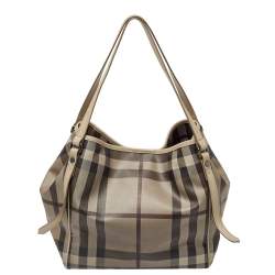 Pre Owned Burberry Beige Smoke Check Coated Canvas and Leather Small Canterbury Tote