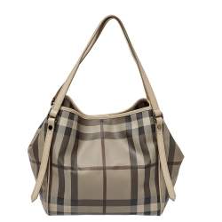Pre Owned Burberry Beige Smoke Check Coated Canvas and Leather Small Canterbury Tote