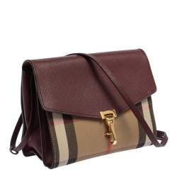 Pre Owned حقيبة كروس بربري ماكين جلد و كانفاس مربعات هاوس عنابي