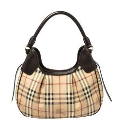 Pre Owned Burberry Beige/Brown Haymarket Coated Canvas and Leather Brooklyn Hobo