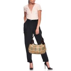 Pre Owned Burberry Beige/Brown Haymarket Coated Canvas and Leather Brooklyn Hobo