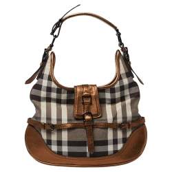 Pre Owned Burberry Metallic Bronze/Black Nova Check Canvas and Leather Brooke Hobo