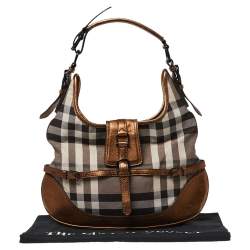 Pre Owned Burberry Metallic Bronze/Black Nova Check Canvas and Leather Brooke Hobo