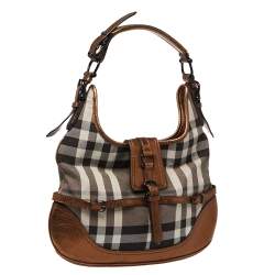 Pre Owned Burberry Metallic Bronze/Black Nova Check Canvas and Leather Brooke Hobo