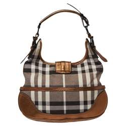 Pre Owned Burberry Metallic Bronze/Black Nova Check Canvas and Leather Brooke Hobo
