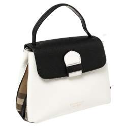 Pre Owned Burberry White/Black Leather and House Check Canvas Small Camberley Top Handle Bag