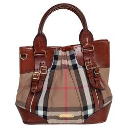 Pre Owned Burberry Brown House Check Canvas and Leather Bridle Whipstitch Tote