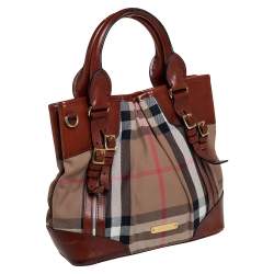 Pre Owned Burberry Brown House Check Canvas and Leather Bridle Whipstitch Tote
