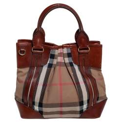 Pre Owned Burberry Brown House Check Canvas and Leather Bridle Whipstitch Tote