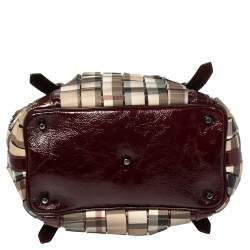 Pre Owned Burberry Burgundy/Beige House Check PVC and Patent Leather Lowry Ruffle Tote