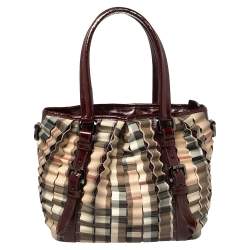Pre Owned Burberry Burgundy/Beige House Check PVC and Patent Leather Lowry Ruffle Tote
