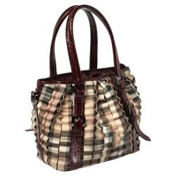 Pre Owned Burberry Burgundy/Beige House Check PVC and Patent Leather Lowry Ruffle Tote