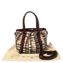 Pre Owned Burberry Burgundy/Beige House Check PVC and Patent Leather Lowry Ruffle Tote