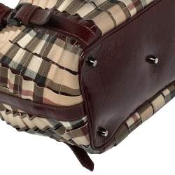 Pre Owned Burberry Burgundy/Beige House Check PVC and Patent Leather Lowry Ruffle Tote