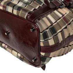 Pre Owned Burberry Burgundy/Beige House Check PVC and Patent Leather Lowry Ruffle Tote