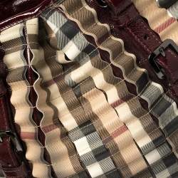 Pre Owned Burberry Burgundy/Beige House Check PVC and Patent Leather Lowry Ruffle Tote