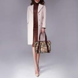 Pre Owned Burberry Burgundy/Beige House Check PVC and Patent Leather Lowry Ruffle Tote