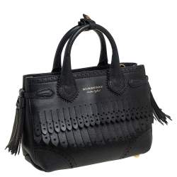 Pre Owned حقيبة يد بربري بانير صغيرة شراشيب جلد بروغ أسود