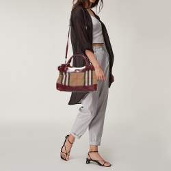 Pre Owned حقيبة كتف بربري هيبورن جلد وكانفاس هاوس تشيك بيج/عنابي