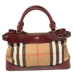 Pre Owned حقيبة كتف بربري هيبورن جلد وكانفاس هاوس تشيك بيج/عنابي