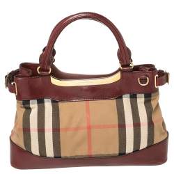 Pre Owned حقيبة كتف بربري هيبورن جلد وكانفاس هاوس تشيك بيج/عنابي
