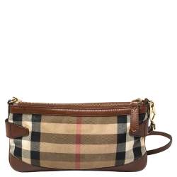 Pre Owned Burberry Brown/Beige House Check Fabric and Leather Crossbody Bag