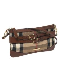 Pre Owned Burberry Brown/Beige House Check Fabric and Leather Crossbody Bag
