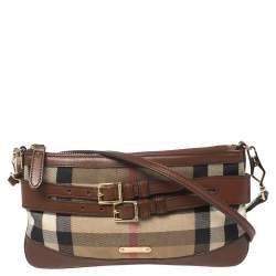 Pre Owned Burberry Brown/Beige House Check Fabric and Leather Crossbody Bag