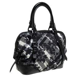 Burberry Black Floral Beat Check Nylon and Patent Leather Florence Satchel