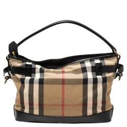 Pre Owned Burberry Black/Beige House Check Canvas and Leather Front Pocket Buckle Hobo 
