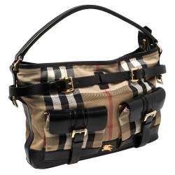 Pre Owned Burberry Black/Beige House Check Canvas and Leather Front Pocket Buckle Hobo 