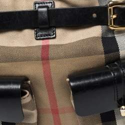 Pre Owned Burberry Black/Beige House Check Canvas and Leather Front Pocket Buckle Hobo 