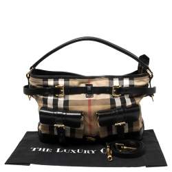 Pre Owned Burberry Black/Beige House Check Canvas and Leather Front Pocket Buckle Hobo 