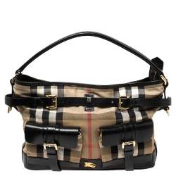 Pre Owned Burberry Black/Beige House Check Canvas and Leather Front Pocket Buckle Hobo 