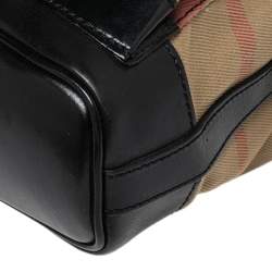 Pre Owned Burberry Black/Beige House Check Canvas and Leather Front Pocket Buckle Hobo 