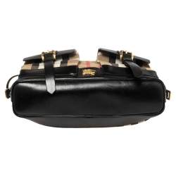 Pre Owned Burberry Black/Beige House Check Canvas and Leather Front Pocket Buckle Hobo 