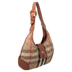 Pre Owned Burberry Beige/Brown Haymarket Leather And Quilted Canvas Hobo
