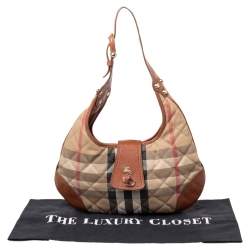 Pre Owned Burberry Beige/Brown Haymarket Leather And Quilted Canvas Hobo