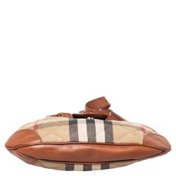 Pre Owned Burberry Beige/Brown Haymarket Leather And Quilted Canvas Hobo