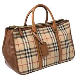 مملوكة مسبقًا Burberry Brown/Beige Haymarket Canvas and Leather Double Zip Tote