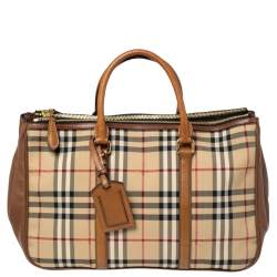 مملوكة مسبقًا Burberry Brown/Beige Haymarket Canvas and Leather Double Zip Tote