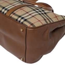 مملوكة مسبقًا Burberry Brown/Beige Haymarket Canvas and Leather Double Zip Tote