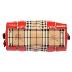 مملوكة مسبقًا حقيبة ساتشل بربري مينفورد بورتريه كانفاس مقوى كاروهات هاي ماركت تشيك وجلد لامع بيج/ أحمر 