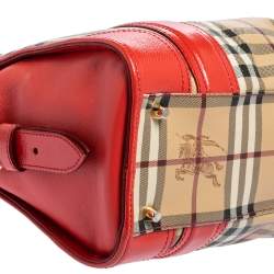 مملوكة مسبقًا حقيبة ساتشل بربري مينفورد بورتريه كانفاس مقوى كاروهات هاي ماركت تشيك وجلد لامع بيج/ أحمر 